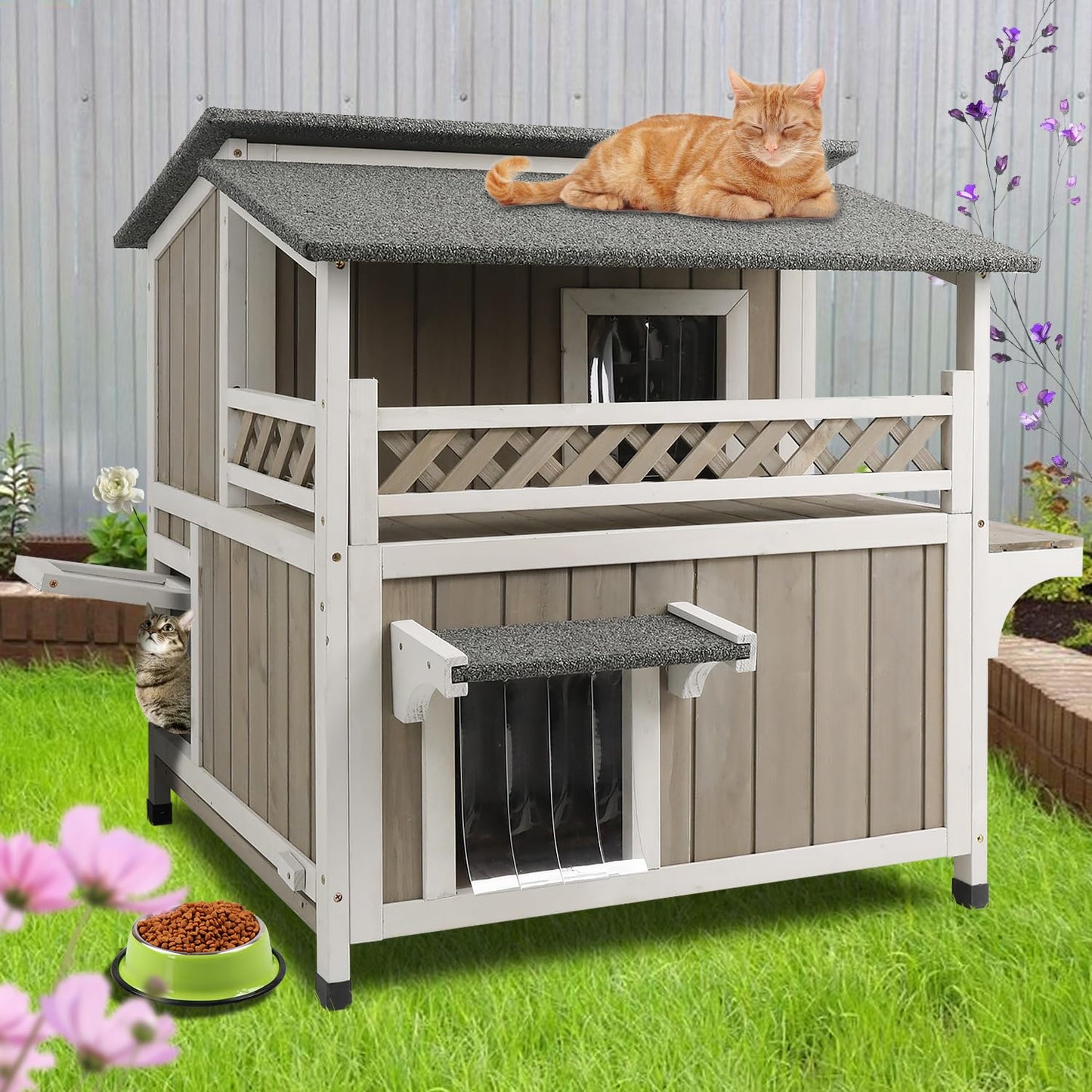2-Story Outdoor Cat House with Balcony, Platforms & Openable Roof