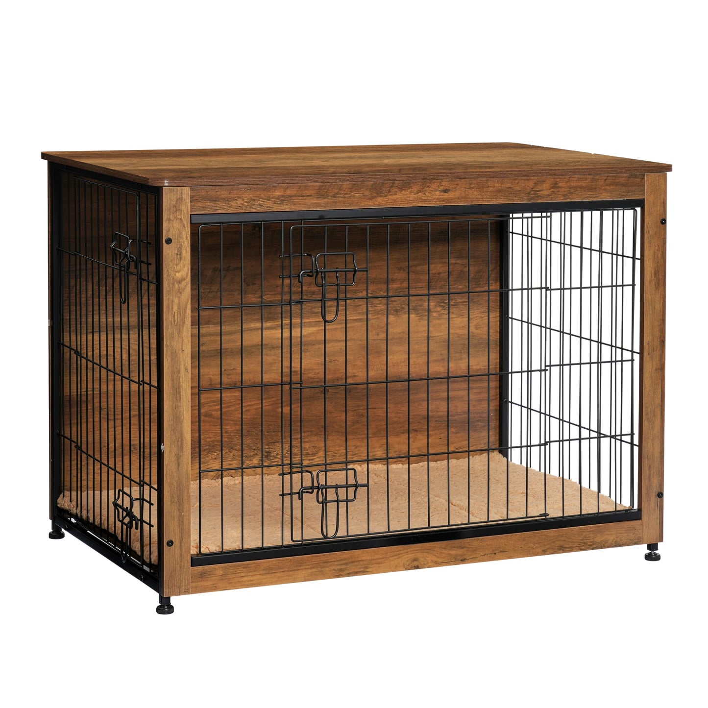 Wooden Dog Crate Furniture with Cushion & Double Doors