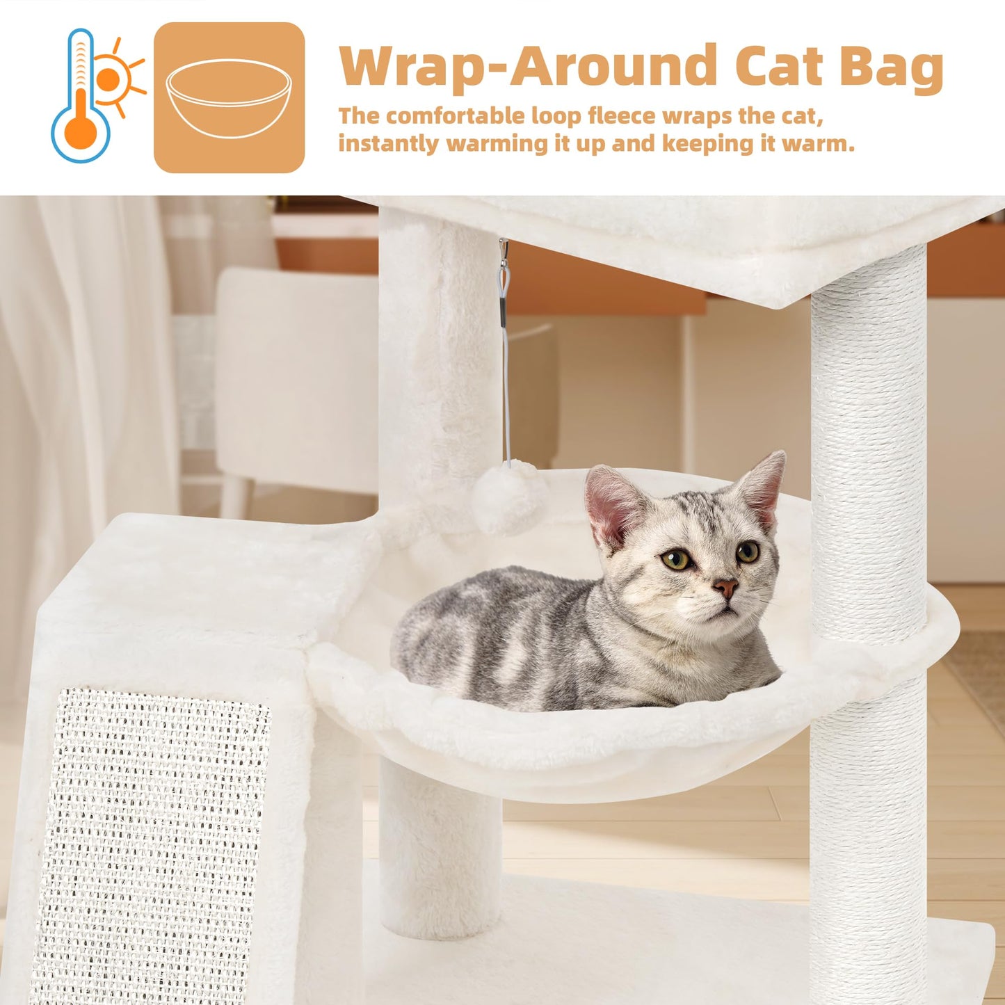 Cat Tree Tower with Hammock, Scratching Post & Toy Balls for Indoor Cats