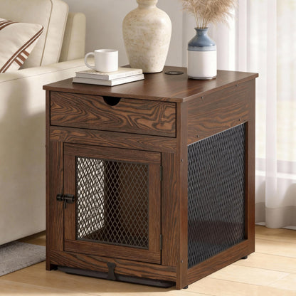 Wooden Dog Crate End Table with Drawer, Cushion & USB Charging