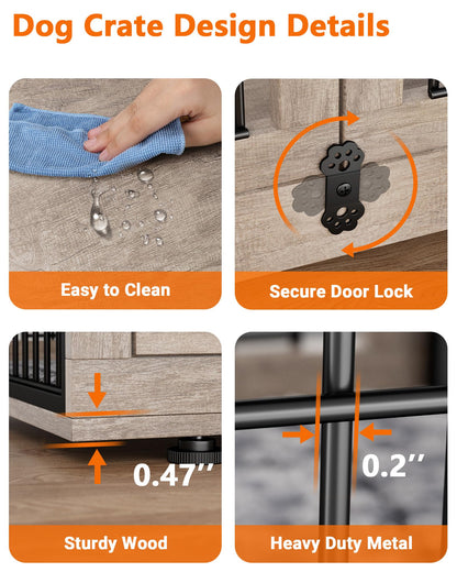 Wooden Dog Crate Furniture with Cushion, Wheels & Double Doors