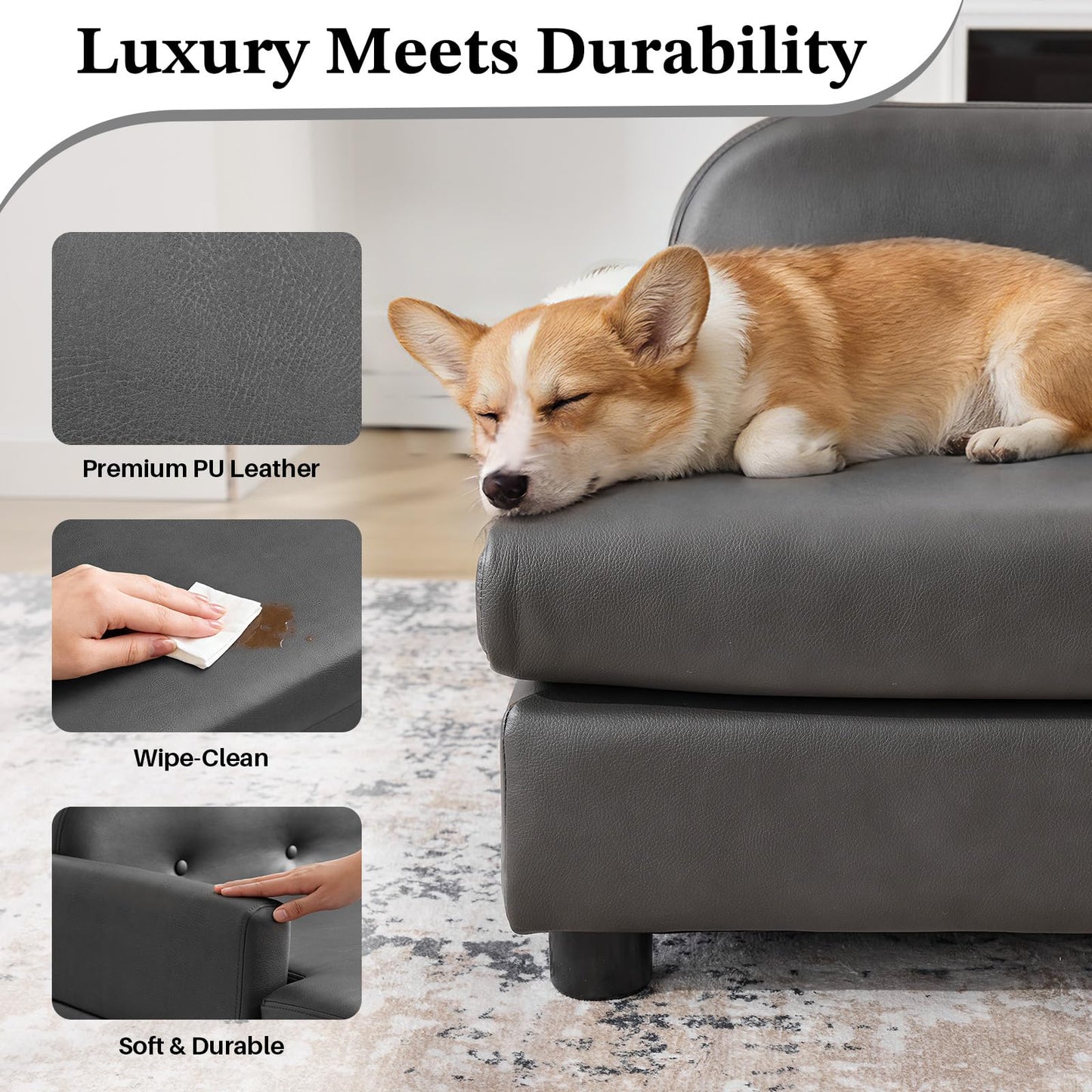 Luxury Elevated Dog Sofa Bed with Waterproof Leather & Foam Cushion