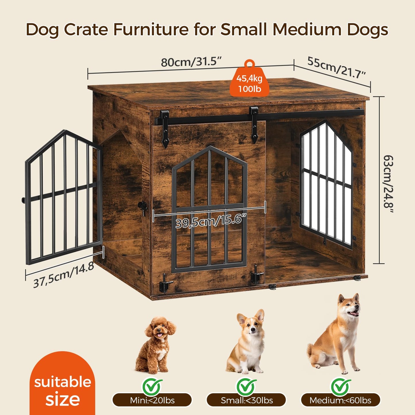 31.5" Farmhouse Wooden Dog Crate Furniture with Sliding Barn Door