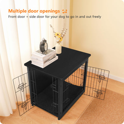Wooden Dog Crate Furniture with Cushion & Double Doors