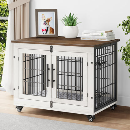 Wooden Dog Crate Furniture with Cushion, Wheels & Double Doors