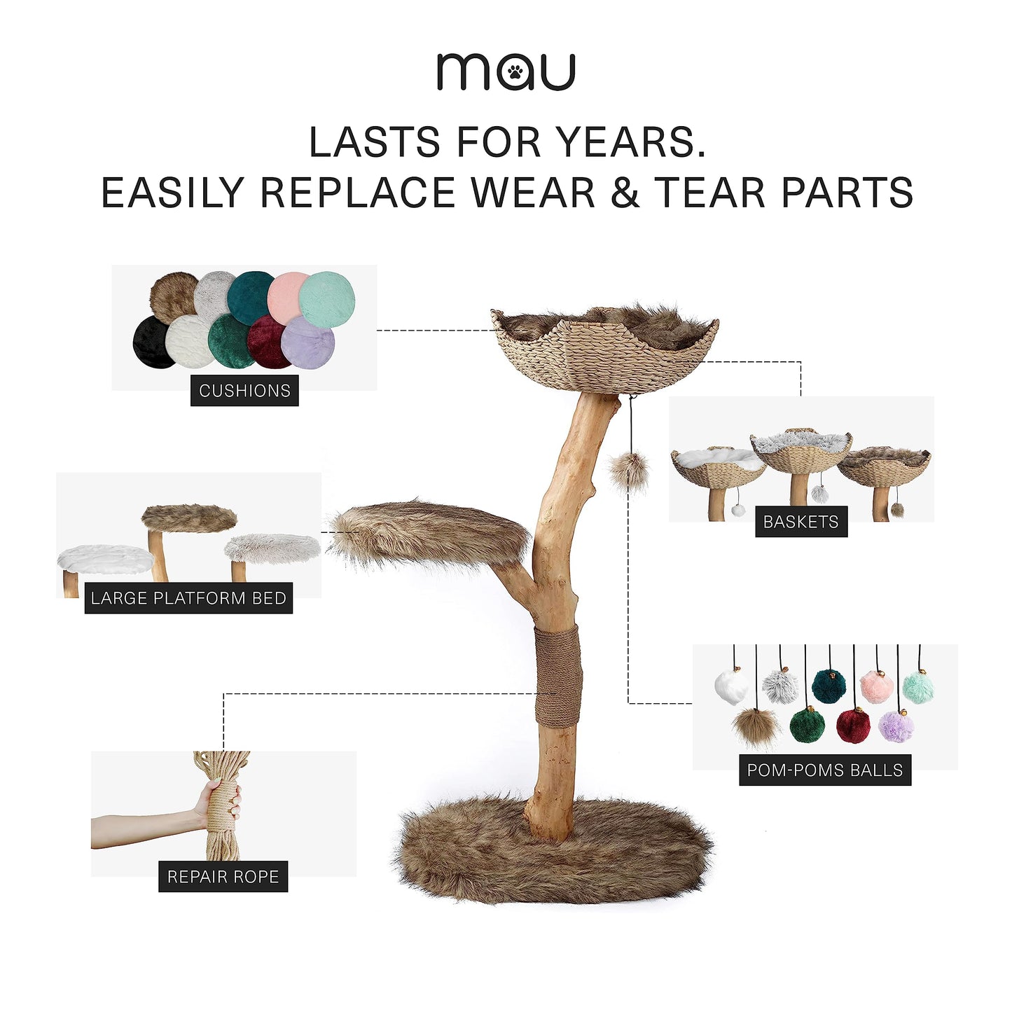 Modern Wooden Cat Tree Tower with Real Branch & Climbing Condo