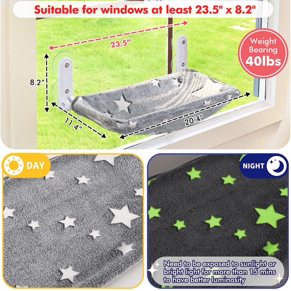 Cordless Cat Window Perch Hammock with Metal Frame & Washable Cover