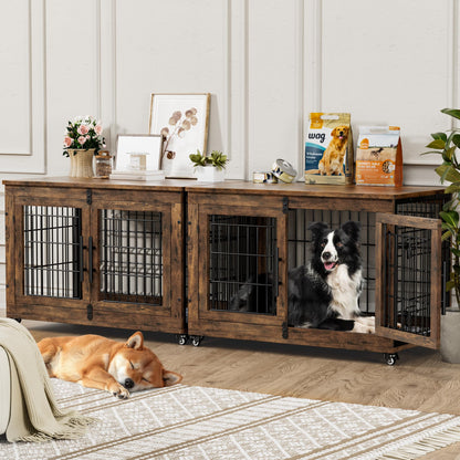Wooden Dog Crate Furniture with Cushion, Wheels & Double Doors