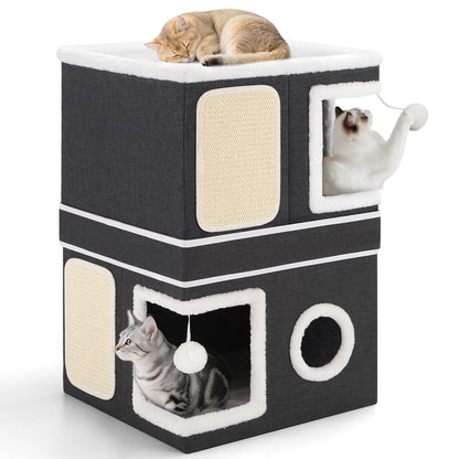 Large Cat Cave Bed with Round Window, Cushion & Cozy Hideaway Condo