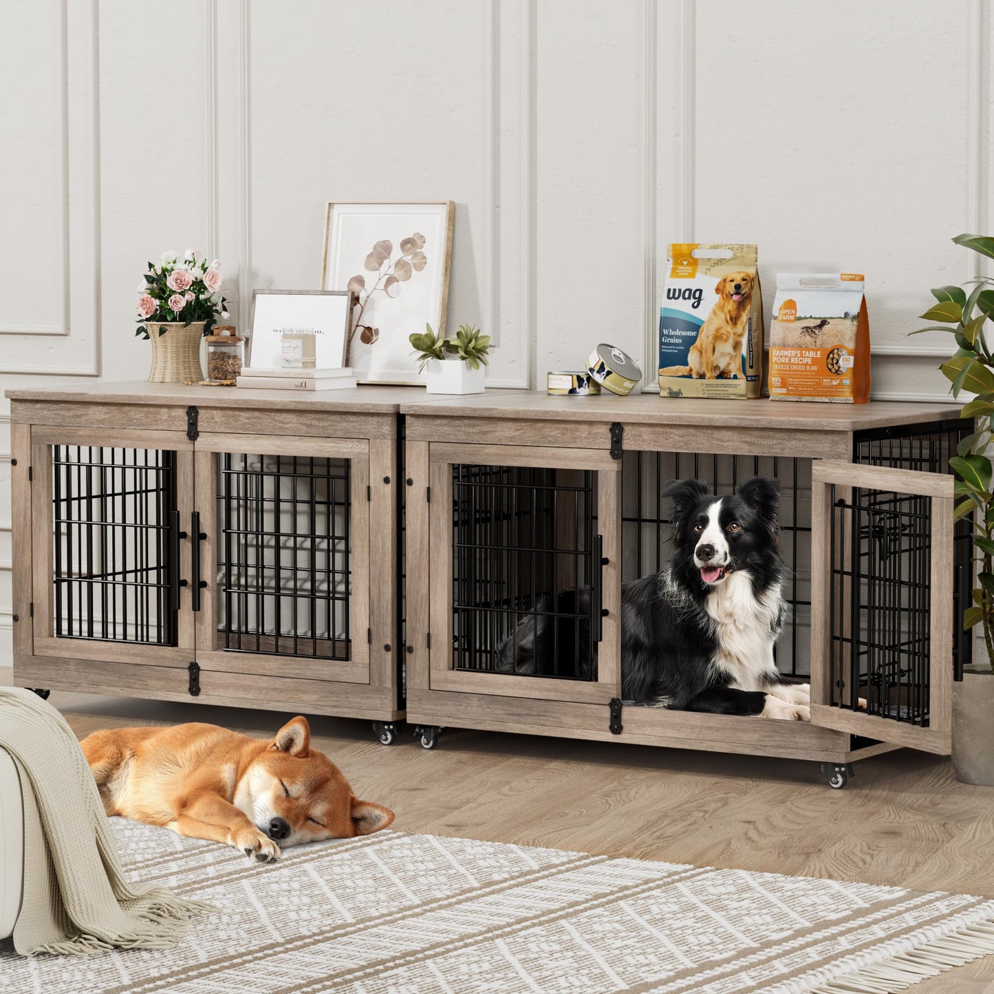 Wooden Dog Crate Furniture with Cushion, Wheels & Double Doors