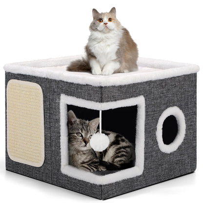 Large Cat Cave Bed with Round Window, Cushion & Cozy Hideaway Condo
