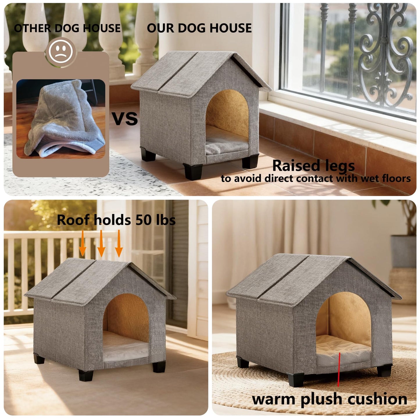 Elevated Foldable Dog House with Removable Plush Mat