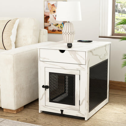 Wooden Dog Crate End Table with Drawer, Cushion & USB Charging