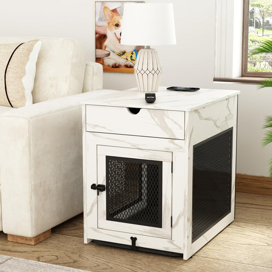Wooden Dog Crate End Table with Drawer, Cushion & USB Charging