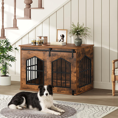 31.5" Farmhouse Wooden Dog Crate Furniture with Sliding Barn Door