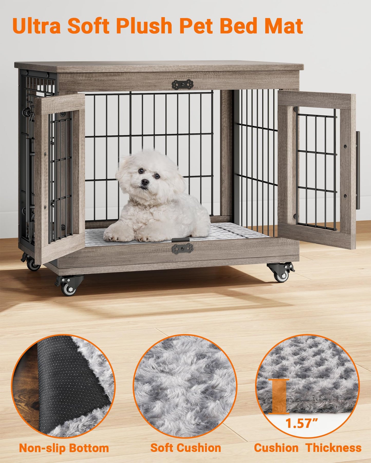 Wooden Dog Crate Furniture with Cushion, Wheels & Double Doors