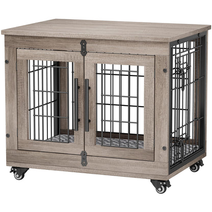 Wooden Dog Crate Furniture with Cushion, Wheels & Double Doors