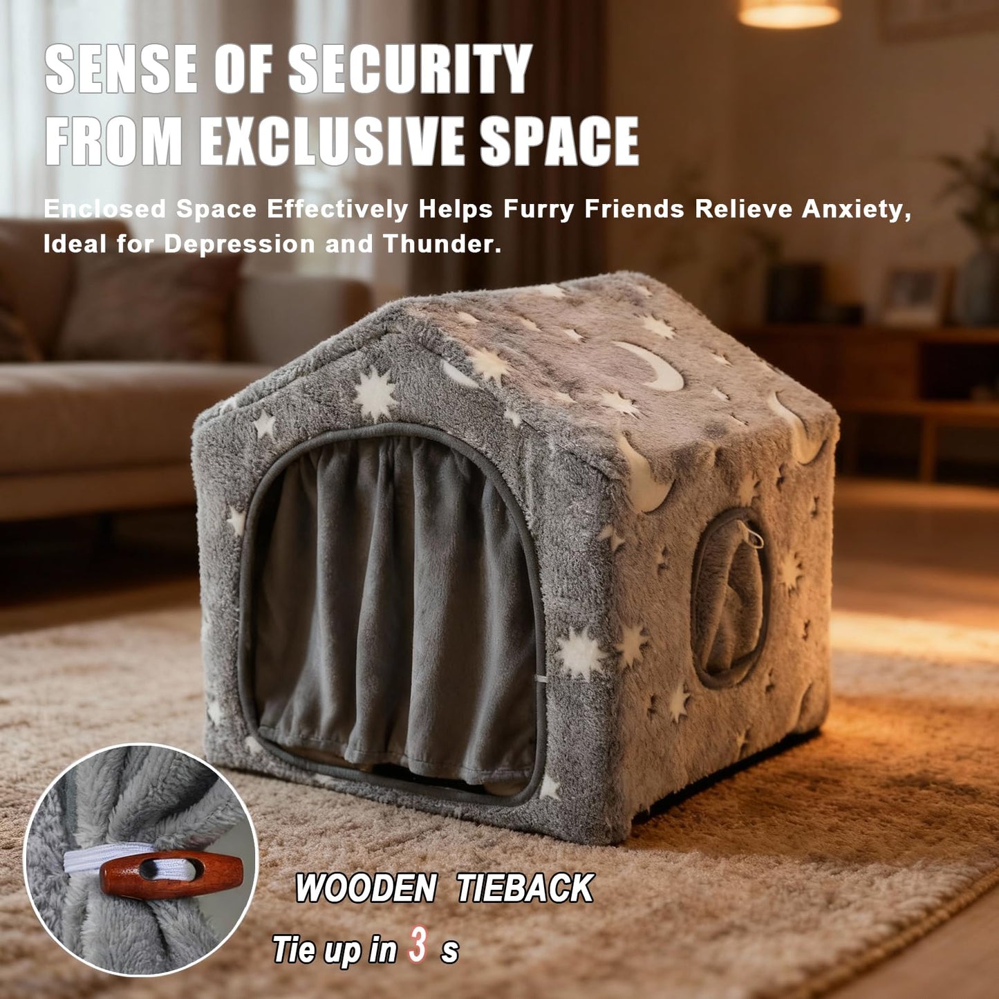 Pelemee Indoor Dog House, Night-Luminous Star Dog Bed with Frame, Dog Cave Tent