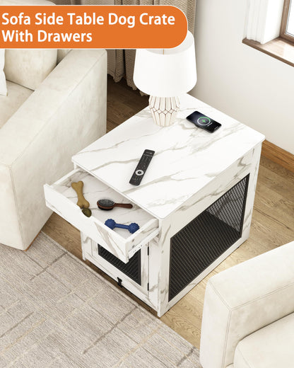 Wooden Dog Crate End Table with Drawer, Cushion & USB Charging