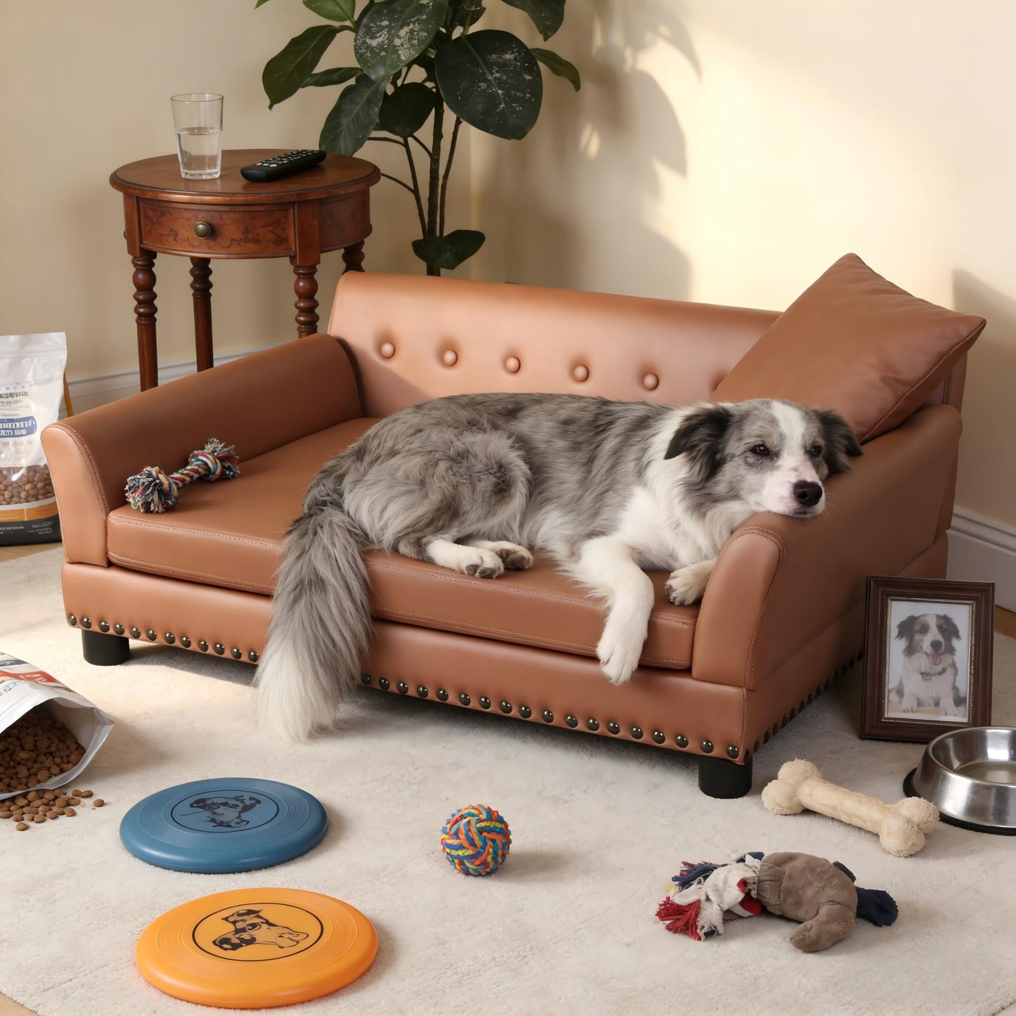 Large Leather Dog Sofa Bed with Thick Foam & Raised Design