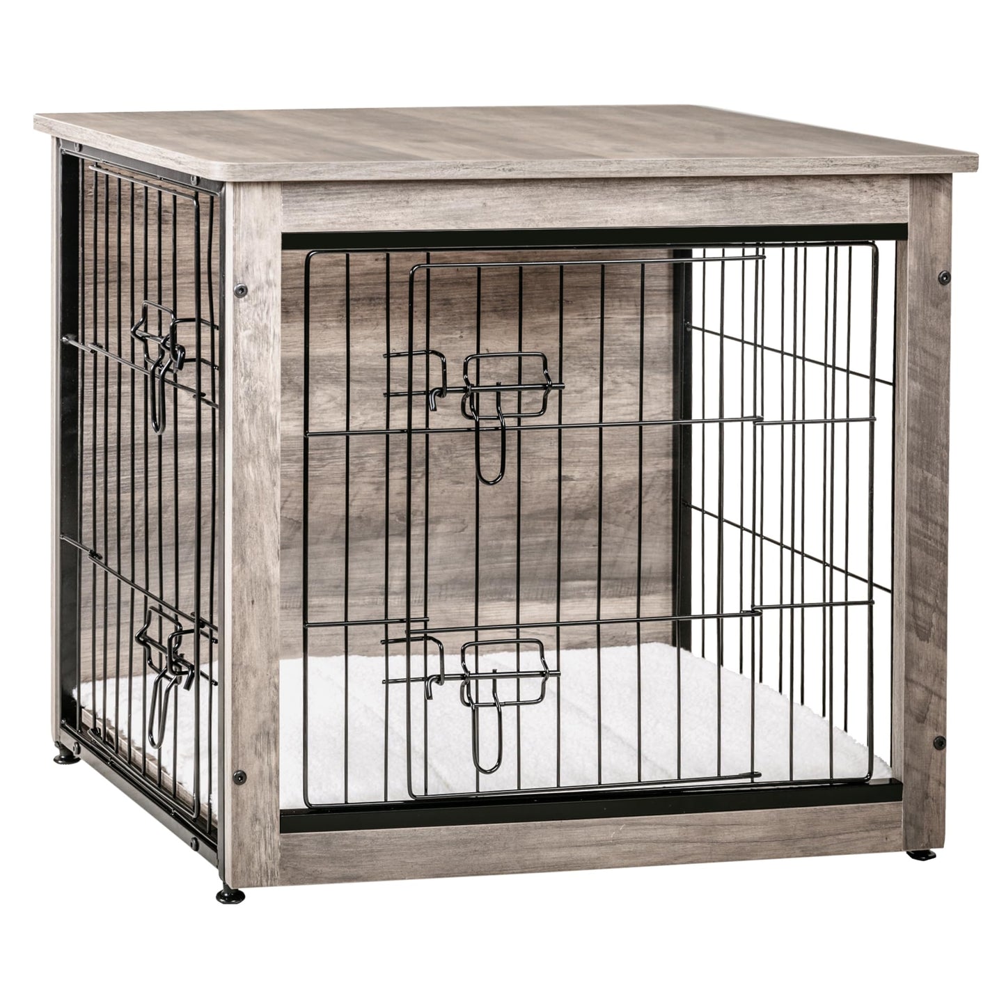 Wooden Dog Crate Furniture with Cushion & Double Doors