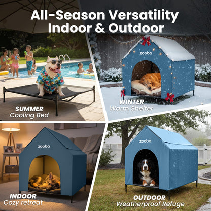 Weatherproof Elevated Dog House with Mesh Panels & Steel Frame