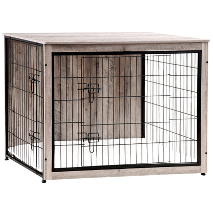 Wooden Dog Crate Furniture with Cushion & Double Doors