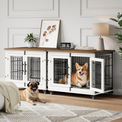 Wooden Dog Crate Furniture with Cushion, Wheels & Double Doors