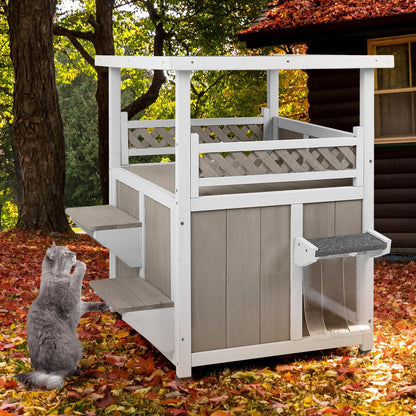 2-Story Outdoor Cat House with Balcony, Platforms & Openable Roof