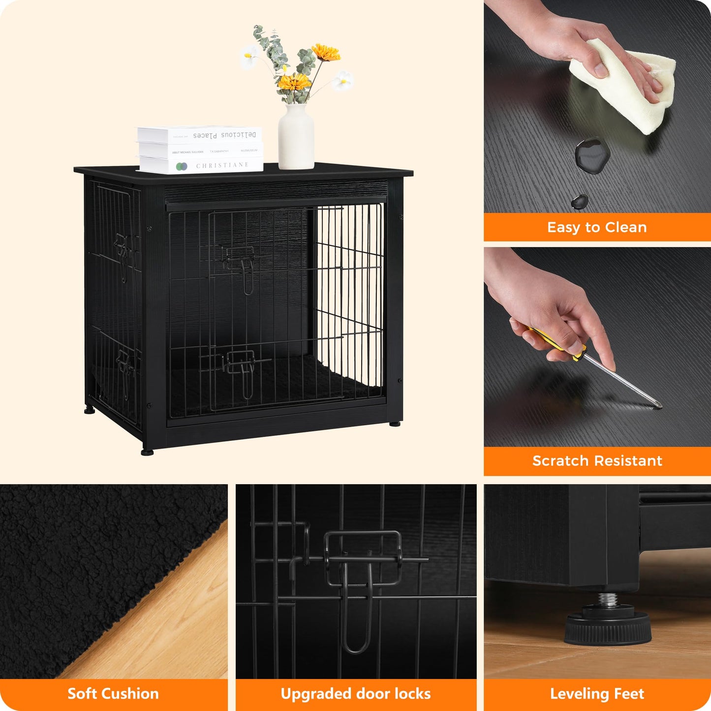 Wooden Dog Crate Furniture with Cushion & Double Doors