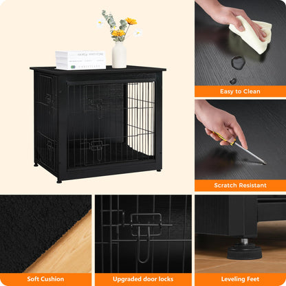Wooden Dog Crate Furniture with Cushion & Double Doors