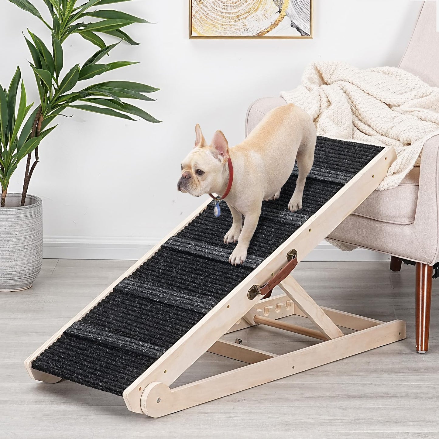 Adjustable Wooden Pet Ramp with Non-Slip Carpet Surface