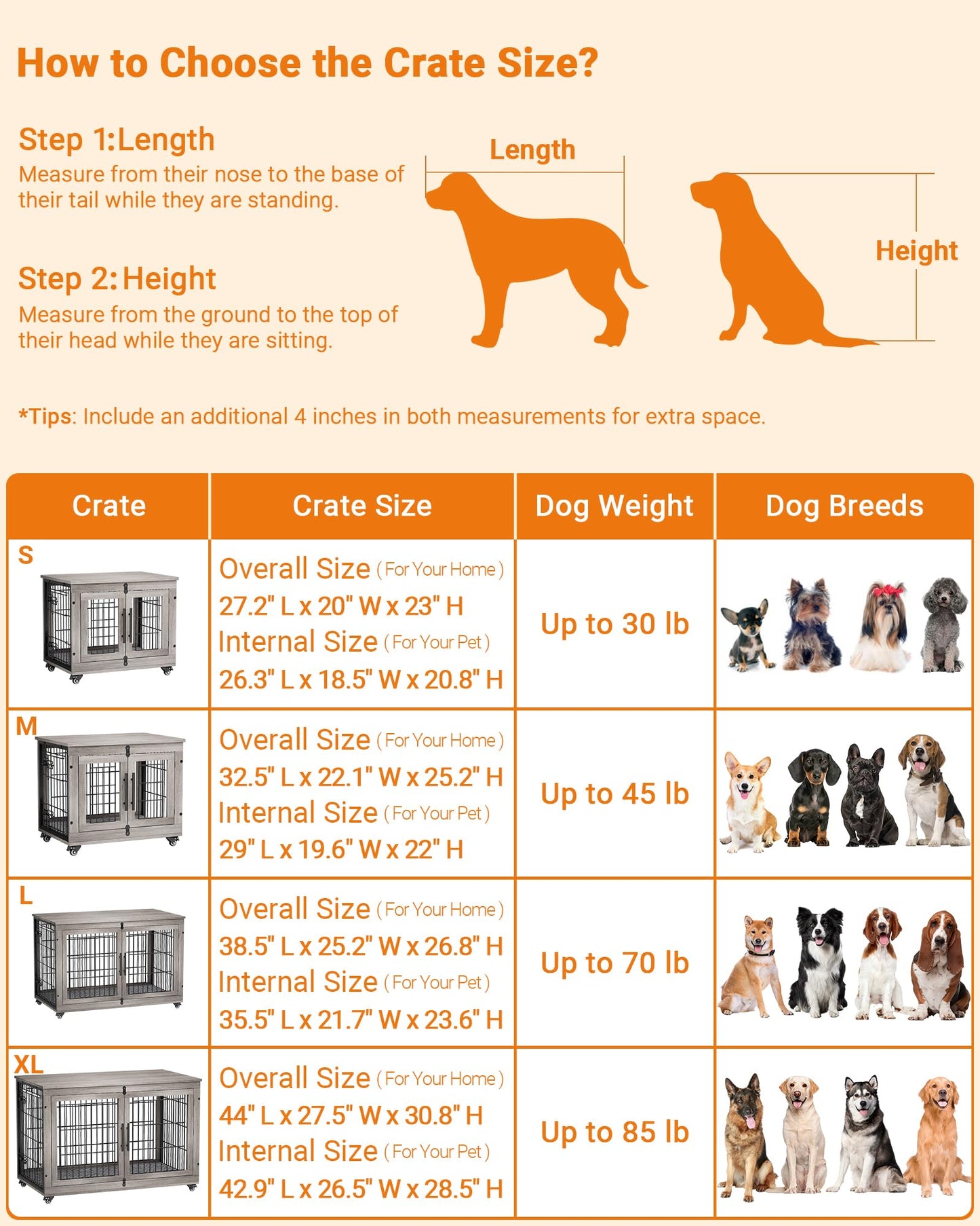 Wooden Dog Crate Furniture with Cushion, Wheels & Double Doors