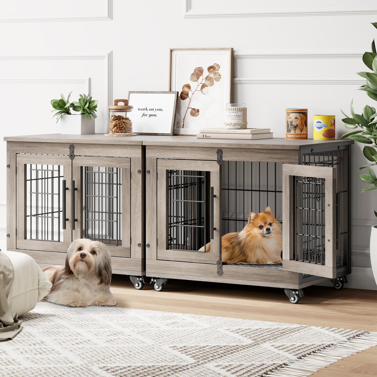 Wooden Dog Crate Furniture with Cushion, Wheels & Double Doors