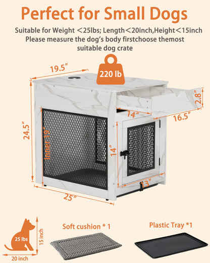 Wooden Dog Crate End Table with Drawer, Cushion & USB Charging