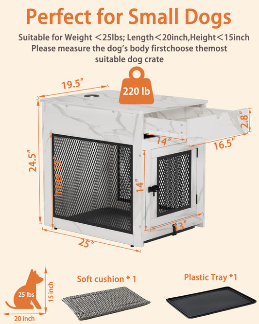 Wooden Dog Crate End Table with Drawer, Cushion & USB Charging