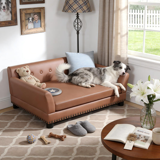 Large Leather Dog Sofa Bed with Thick Foam & Raised Design