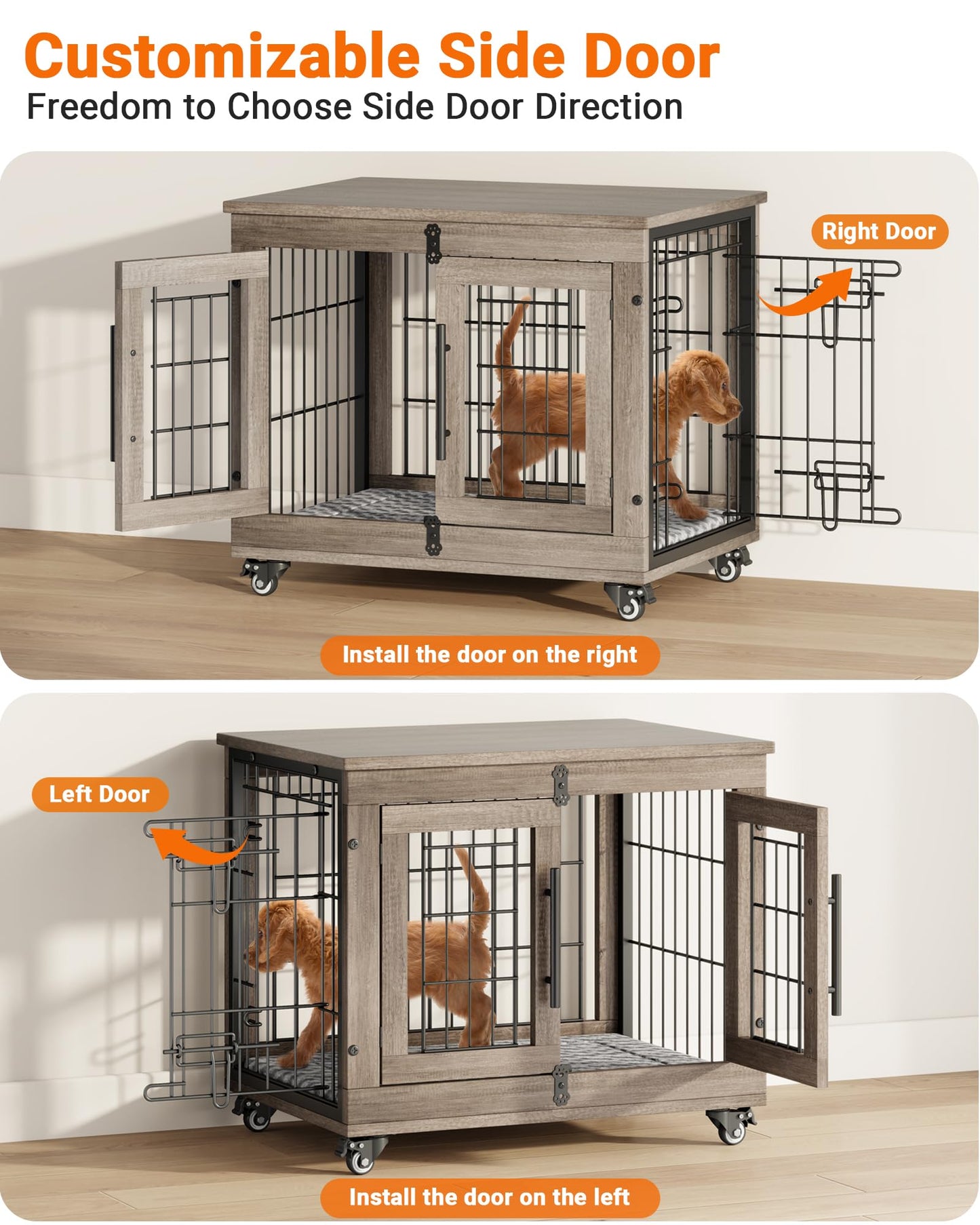 Wooden Dog Crate Furniture with Cushion, Wheels & Double Doors