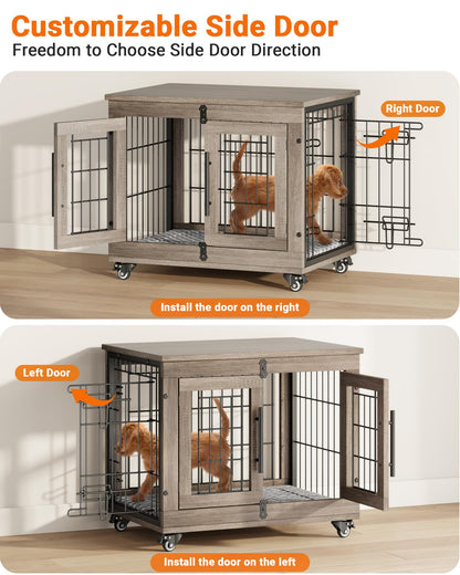 Wooden Dog Crate Furniture with Cushion, Wheels & Double Doors