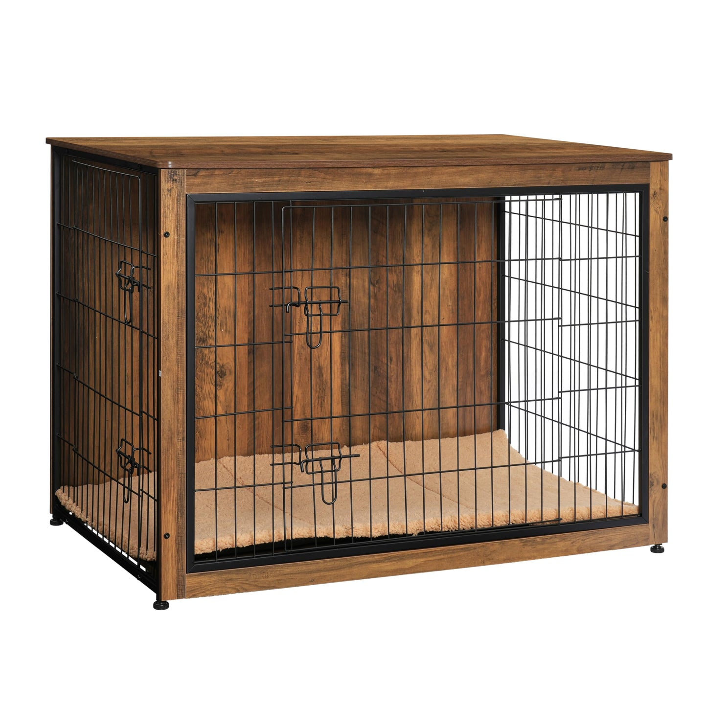 Wooden Dog Crate Furniture with Cushion & Double Doors