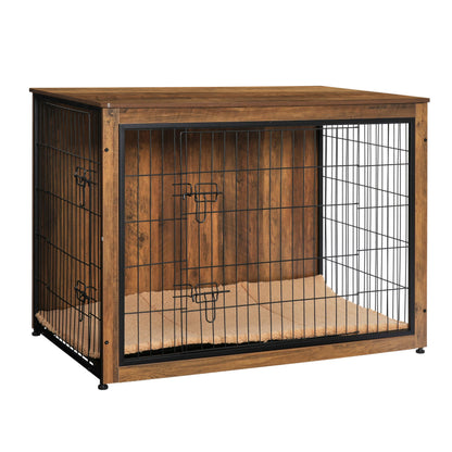 Wooden Dog Crate Furniture with Cushion & Double Doors