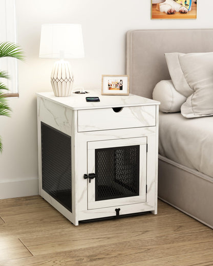 Wooden Dog Crate End Table with Drawer, Cushion & USB Charging