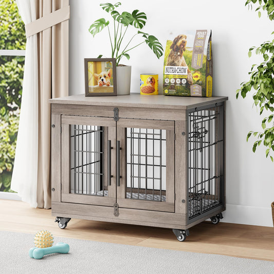 Wooden Dog Crate Furniture with Cushion, Wheels & Double Doors