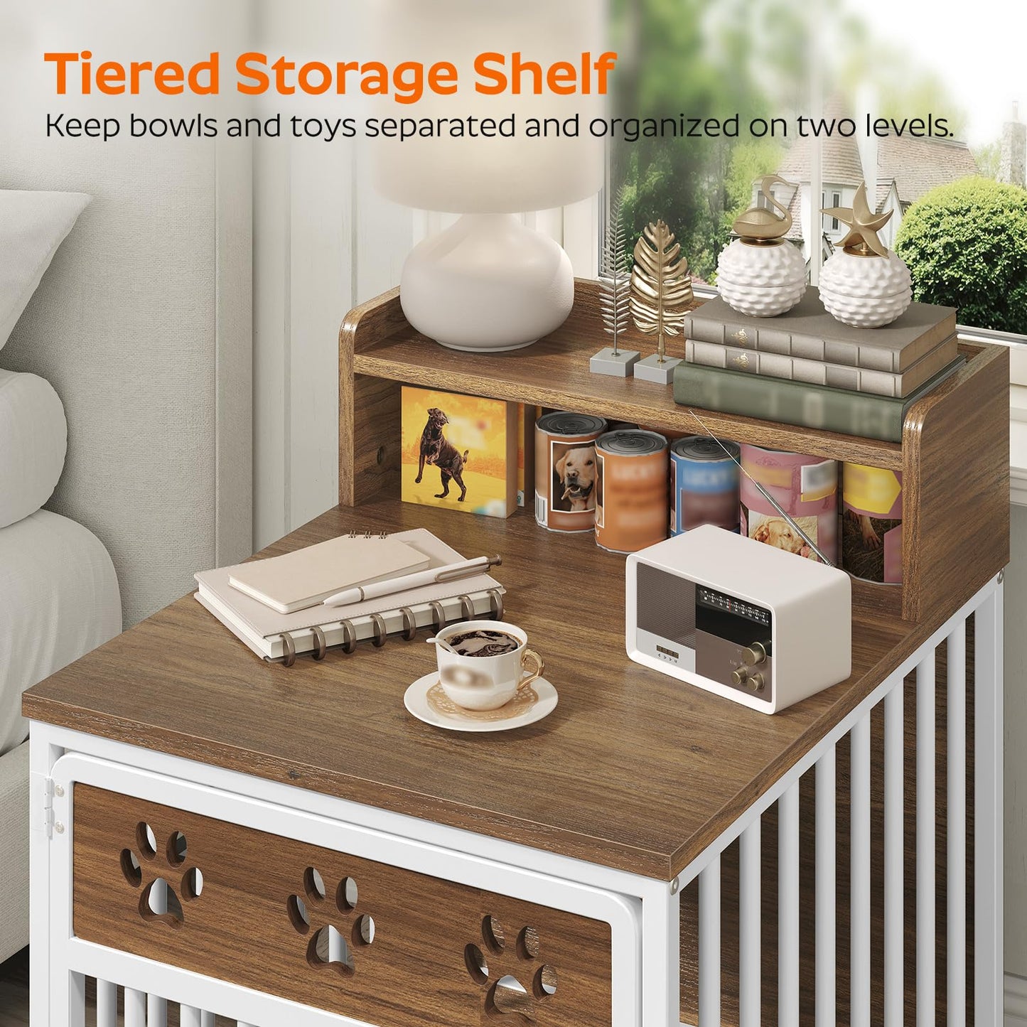 Two-Tier Wooden Dog Crate Furniture End Table for Small Dogs