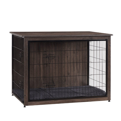 Wooden Dog Crate Furniture with Cushion & Double Doors