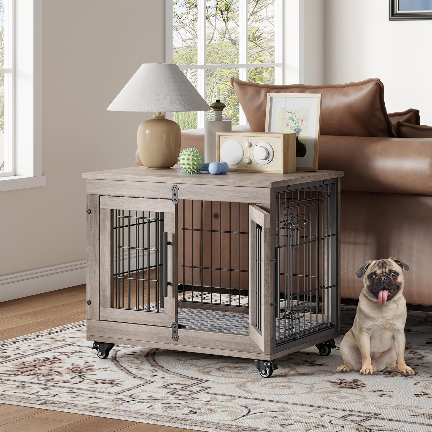Wooden Dog Crate Furniture with Cushion, Wheels & Double Doors
