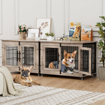 Wooden Dog Crate Furniture with Cushion, Wheels & Double Doors