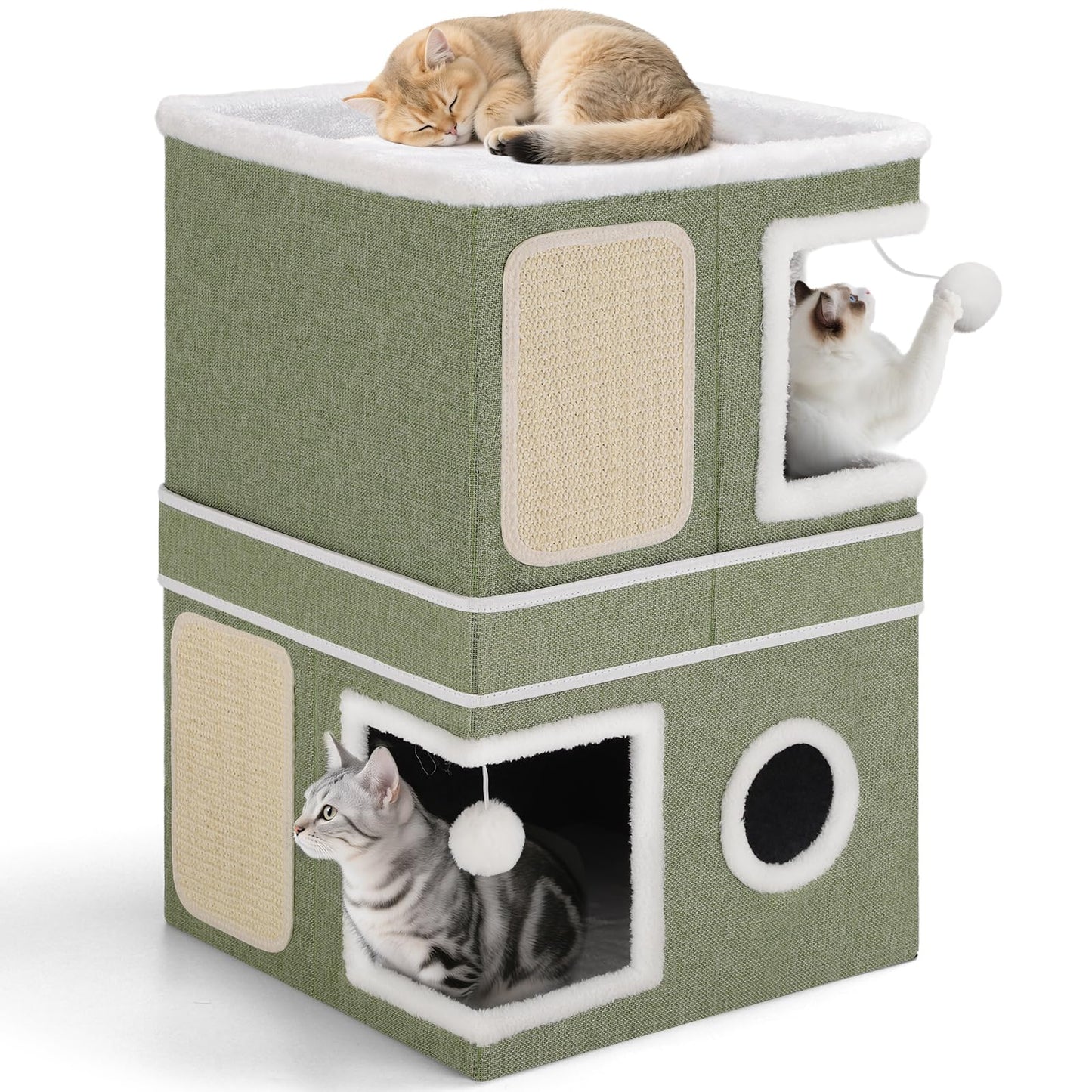 Large Cat Cave Bed with Round Window, Cushion & Cozy Hideaway Condo