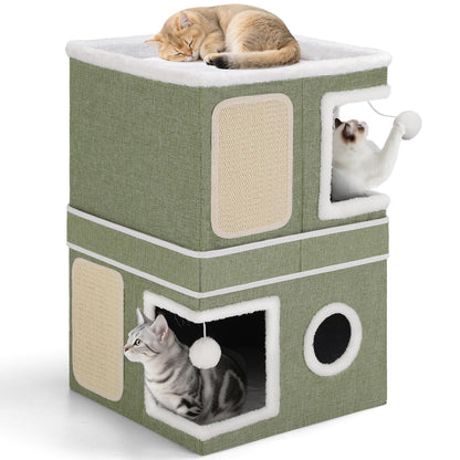 Large Cat Cave Bed with Round Window, Cushion & Cozy Hideaway Condo