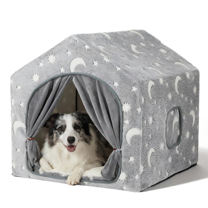 Pelemee Indoor Dog House, Night-Luminous Star Dog Bed with Frame, Dog Cave Tent